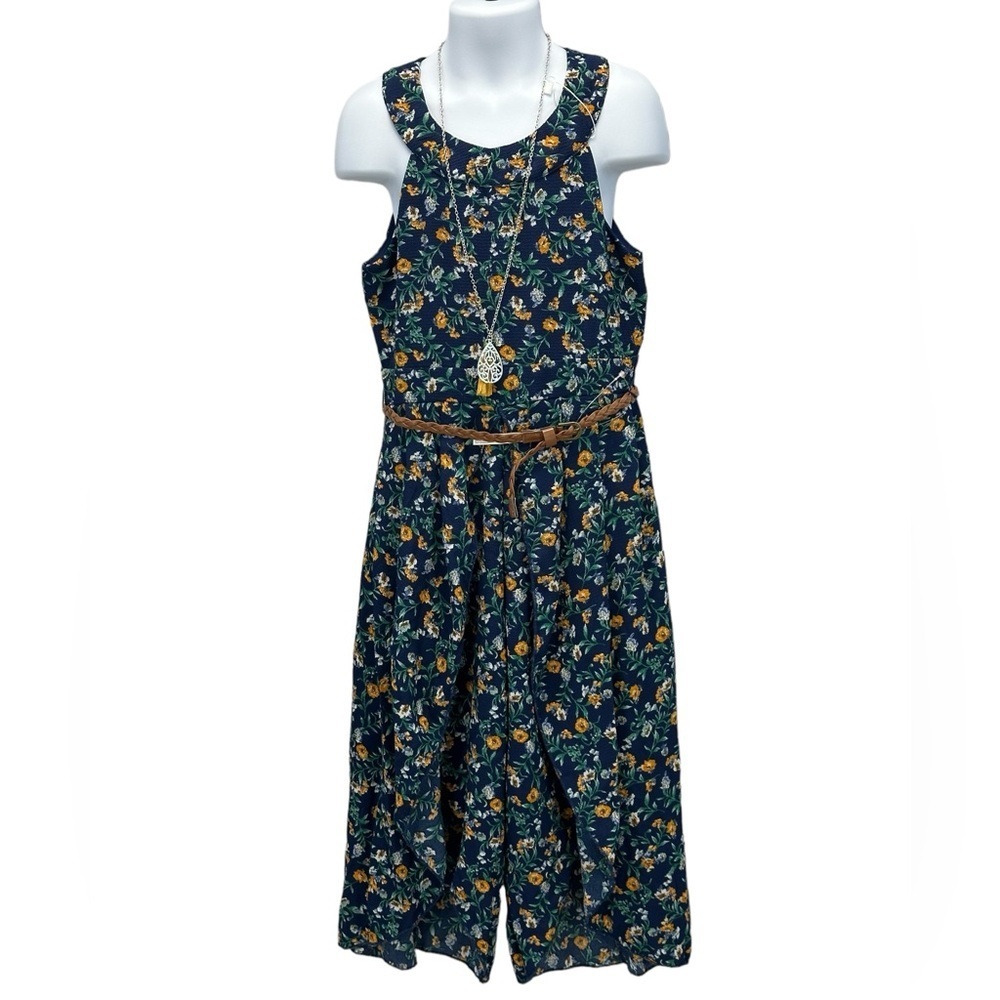 Beautees Girls Sleeveless Halter Neck Floral Print Jumpsuit - Navy Blue - size 7